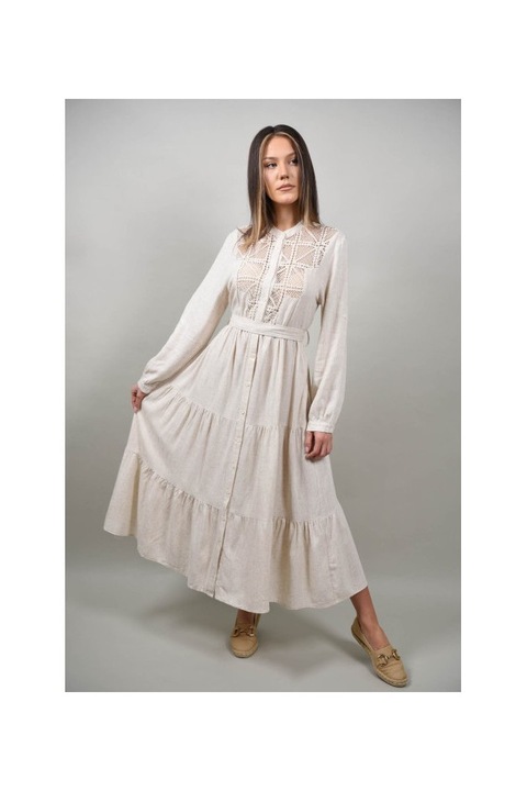 Rochie lunga tip camasa cu broderie monti, Bej deschis