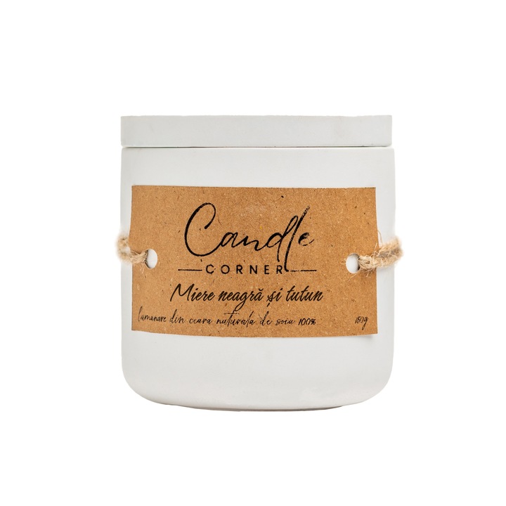 Lumanare parfumata handmade din ceara naturala de soia 100%, aroma Miere neagra si tutun, Recipient ceramic alb, 150 g