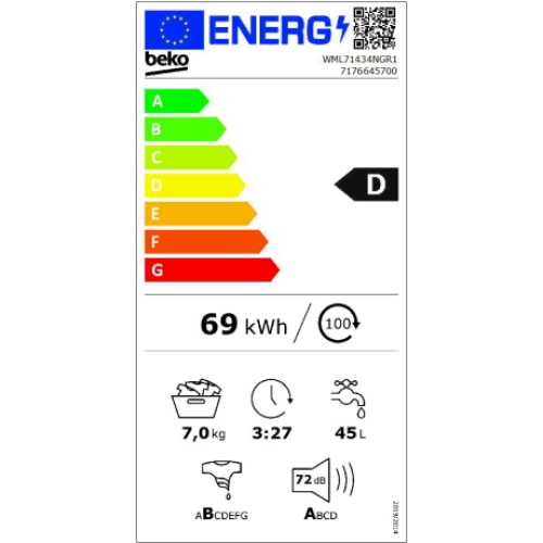 Masina De Spalat Rufe Frontala Beko WML71434NGR1, Clasa D, 7 Kg, 1400 Rpm, Alb