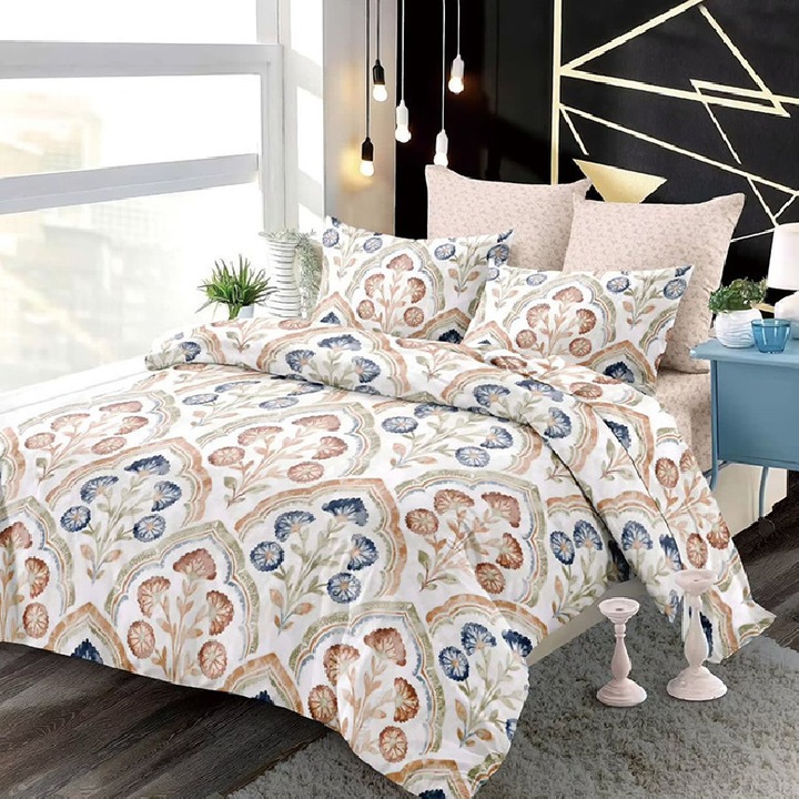 Set Lenjerie de Pat Dublu, Model 53528, Finet, 6 Piese, Cearsaf pat cu elastic