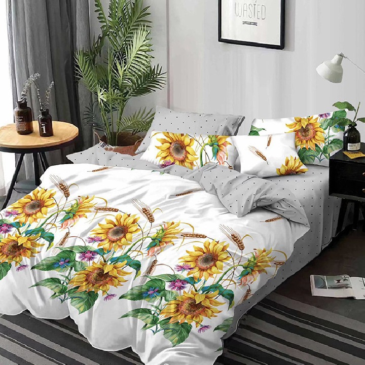 Set Lenjerie de Pat Dublu, Model 53736, Finet, 4 Piese, Cearsaf pat cu elastic