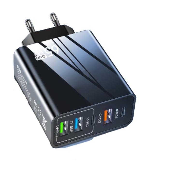 3.1A tip-c PD+3USB Incarcator de retea, Mufa de incarcare de calatorie cu mai multe porturi, Cap de incarcare pentru incarcator pentru telefon mobil cu incarcare rapida, standard 65W, negru