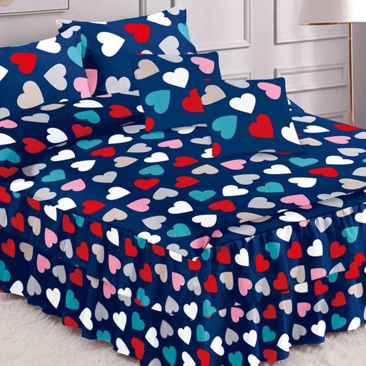 Set Lenjerie de Pat Dublu, Model 56716, Finet, 6 Piese, Cearsaf pat cu Volanase