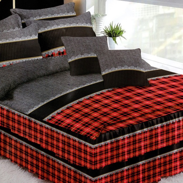 Set Lenjerie de Pat Dublu, Model 56714, Finet, 6 Piese, Cearsaf pat cu Volanase