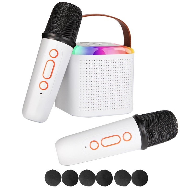 Set 2 microfoane karaoke copii si adulti cu difuzor portabil, Zggzerg, Wireless, 4 efecte voce, Slot TF card, Bluetooth 5.3, Potrivit pentru petrecere in casa si spectacole, Cu capac pentru microfon, ABS, 138mm x 41mm, Alb