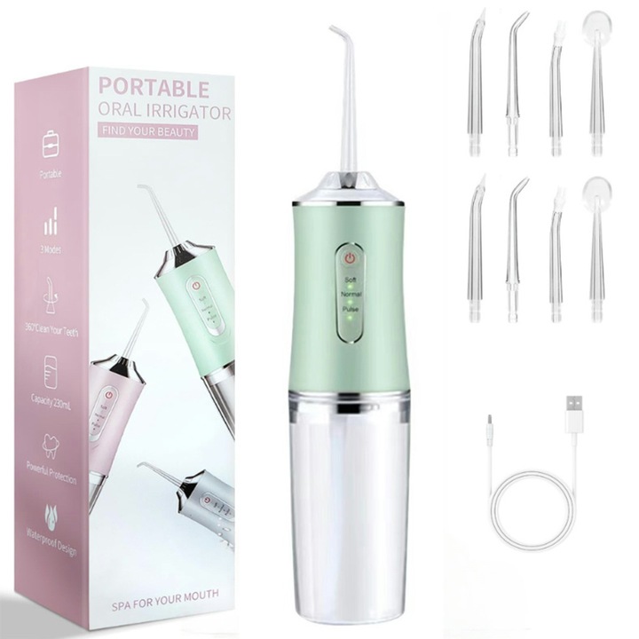 Irigator bucal electric, EXPGlobal,3TREPTE de presiune,8 capete curatare, fara fir, IPX6, Rezervor 220 ML, Culoare Verde