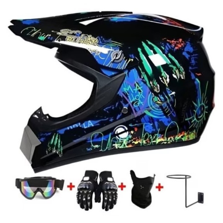 Set Casca de Protectie cu Manusi, Ochelari si Cagula, pentru Biciclete, Motociclete, Cross, Enduro, ATV, Dirt Bike, Marime M, ABS, Negru Albastru, Interior Detasabil Lavabil, Flytec™