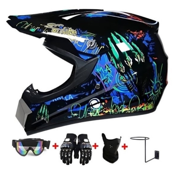 Set Casca de Protectie cu Manusi, Ochelari si Cagula, pentru Biciclete, Motociclete, Cross, Enduro, ATV, Dirt Bike, Marime S, ABS, Negru Albastru, Interior Detasabil Lavabil, Flytec™