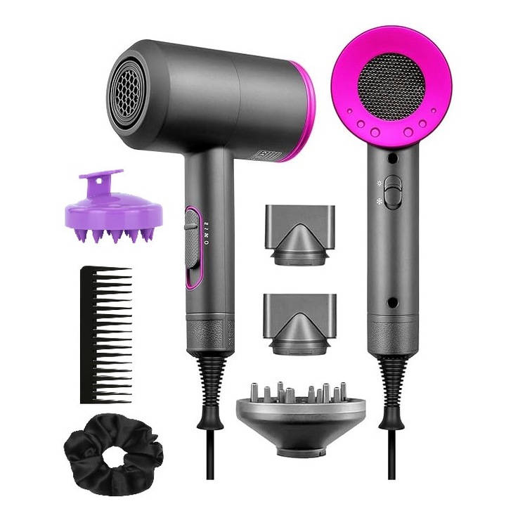 VEVES Professzionális Ionos Hajszárító, Teljesítmény 2000 W, 2 sebesség és 3 hőmérsékleti fokozat, Diffúzor, Két fúvóka, Elektromos kábel 2,5 m hosszú, Fejbőr masszázskefe, Széles fésű, Szatén elasztikus tartozék