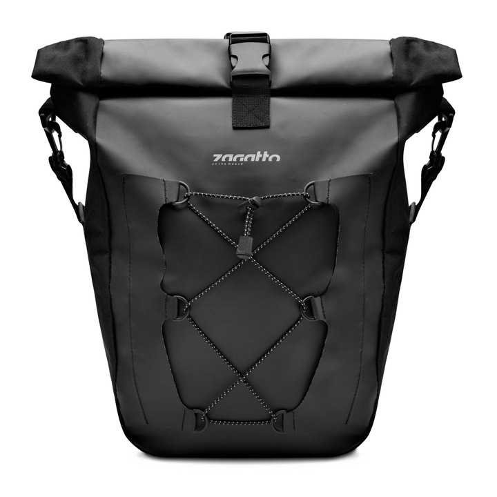 Geanta portbagaj bicicleta, Zagatto®, Neagra, 29L, 32x16x45 cm, Impermeabila, Cu elemnete reflectorizante, Spatioasa, Bretea de umar detasabila, ZG857