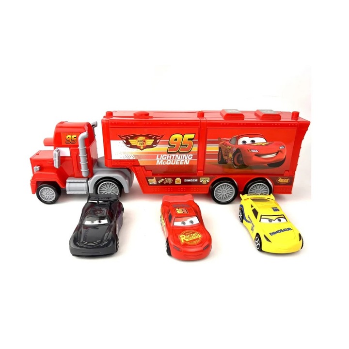 Tir de jucarii cu 3 masina incluse, Mack Cars 2 Lightning Mcqueen Racer Car 32cm, pentru copii, rosu, HAPPY JOKER®