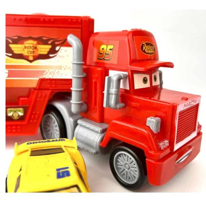 Tir de jucarii cu 3 masina incluse, Mack Cars 2 Lightning Mcqueen Racer Car 32cm, pentru copii, rosu, HAPPY JOKER®