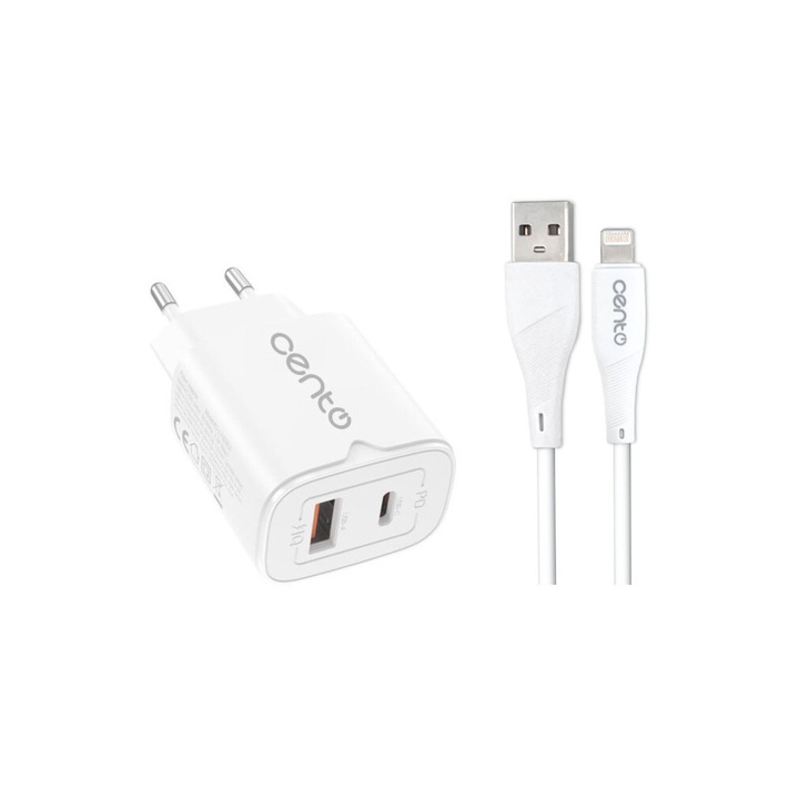 Set Incarcator Retea Fast Charge Cento P216 Alb cu cablu de date/incarcare Lightning si adaptor 30W Tip-C si USB, Universal, Design Compact, Protectii Multiple