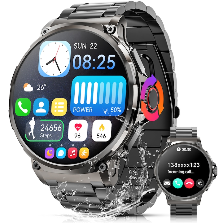 Смарт часовник, Carkira, модел V69, 1,85 инча, Bluetooth разговор, сърдечен ритъм, крачкомер, калории, фитнес тракер, режим на упражнения, наблюдение на съня, сърдечен ритъм, водоустойчив, черен