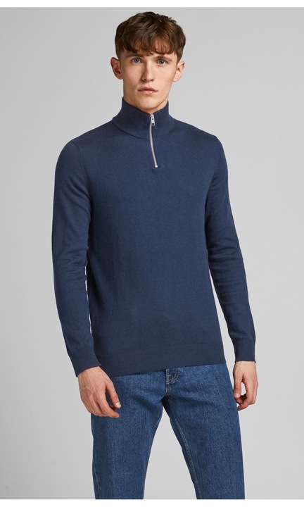 JJEEMIL basic, hosszú ujjú, cipzáras, magas galléros vékony kötött pulóver, Tengerészkék