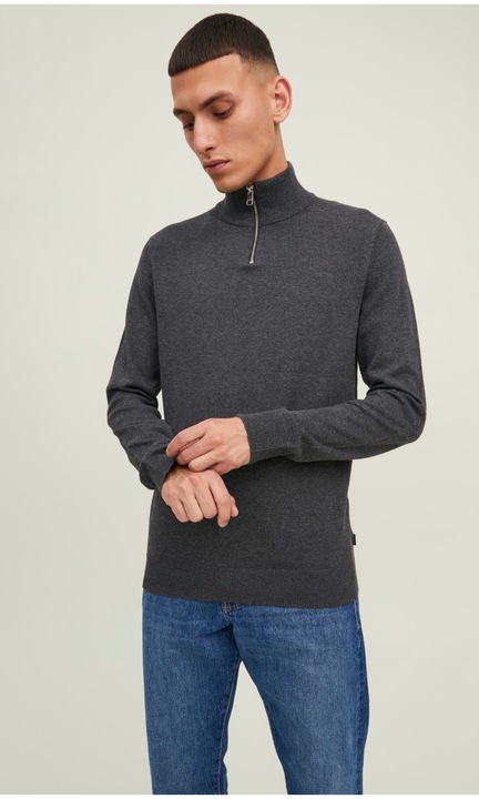 JJEEMIL basic, hosszú ujjú, cipzáras, magas galléros vékony kötött pulóver, Sötétszürke