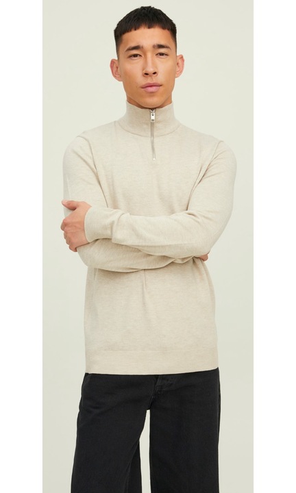 JJEEMIL basic, hosszú ujjú, cipzáras, magas galléros vékony kötött pulóver, Világosszürke