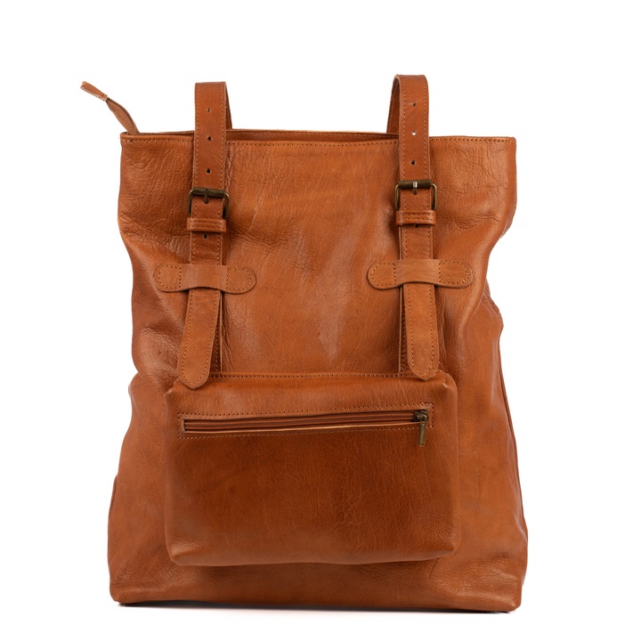 Rucsac Tamraght, din piele naturala, maro, 38x36x12 cm
