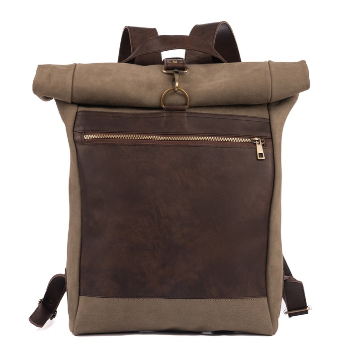 Rucsac Rolltop Ifrane, din piele naturala nubuck, verde/maro, 38x28x12 cm