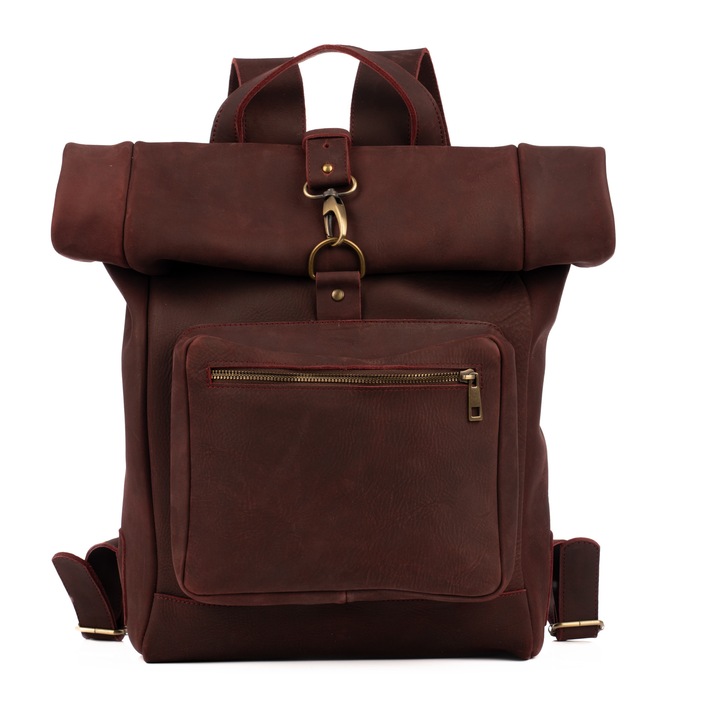 Rucsac Rolltop Toubkal, din piele naturala nubuck, rosu burgundy, 38x29x12 cm
