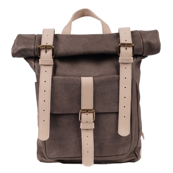 Rucsac Rolltop Sahrawi, din piele naturala nubuck, gri, 38x28x12 cm