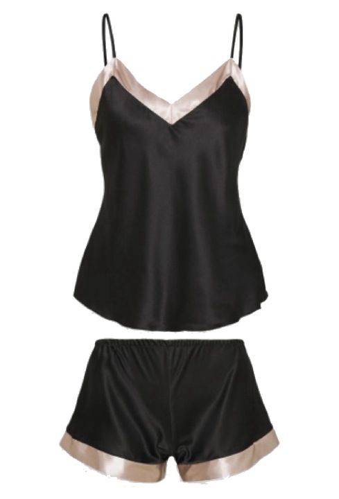 LingaDore, Pijama fara maneci, cu decolteu in V si aspect satinat, Negru