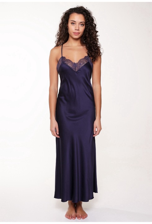 LingaDore, Camasa de noapte de satin cu detalii de dantela, Albastru, 2XL