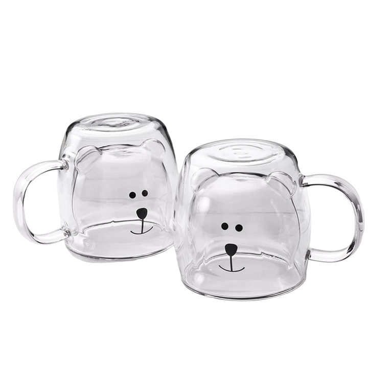 Set de 2 Cani Pereti Dubli, Sticla, Model Ursulet, 260 ml