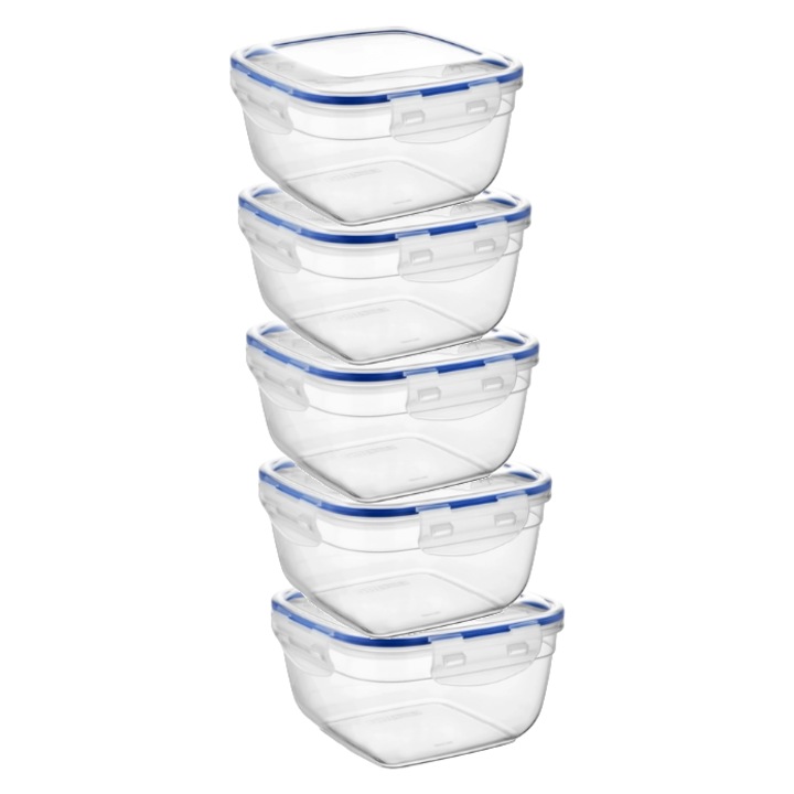 Caserole alimentare patrate cu capac, inchidere etans, 5 x 1500 ml