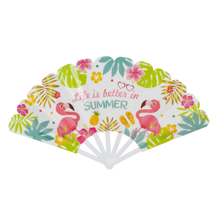 Shopiens® lánylegyező, fehér, trópusi levelekkel, virágokkal, flamingóval és "Az élet jobb nyáron" üzenettel, 24,5 cm