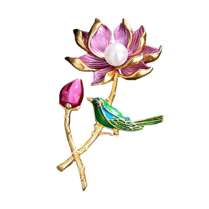 Brosa Dama, Design Original Lotus si Pasare, Smalt Manual, Multicolor, 6.4x4.4cm