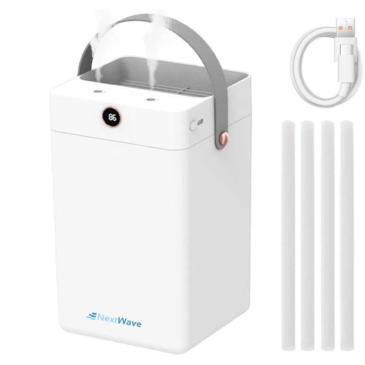 Umidificator de aer Ultrasonic NextWave® cu 2 Difuzoare aromaterapie, 4 filtre de rezerva, rezervor 3L, pentru Casa si Birou, silentios, display umiditate, Culoare Alb