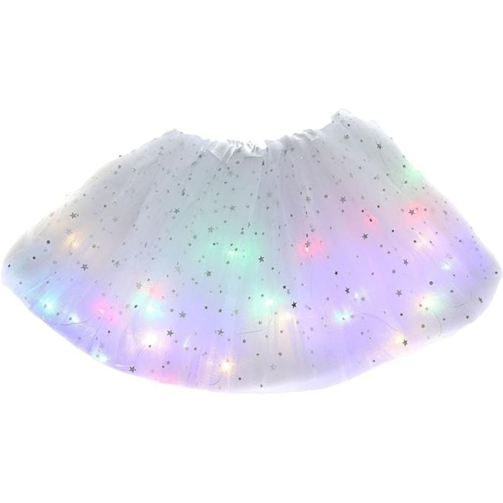 LED пола за деца, Flippy, балетна пачка за момичета с вградени многоцветни светлини, шарка на звезди, 30 см дължина, бяла