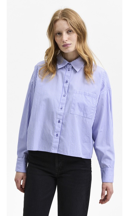 Vágott rövid üzleti blúz, hosszú ujjú SLFREKA pamutból, Kék