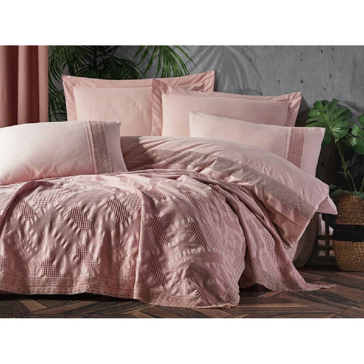 Комплект карирани шалтета, калъфки и чаршафи, Saheser, модел 16796, за легло за 2 души, 220 х 240 см, Пудрово розово
