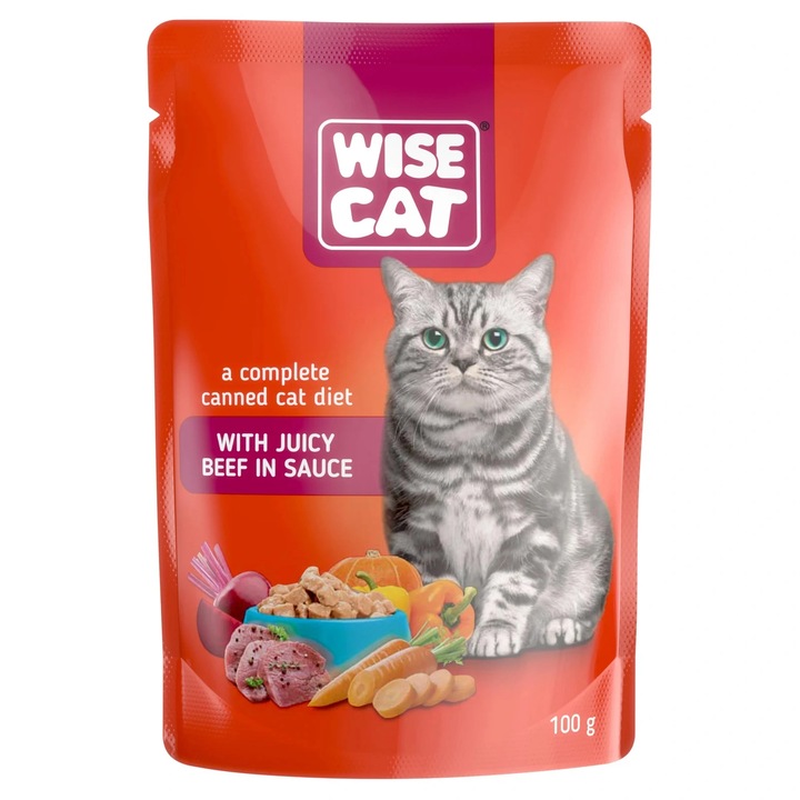 Hrana umeda pentru pisici cu vita, Wise Cat, 24 x 100 gr
