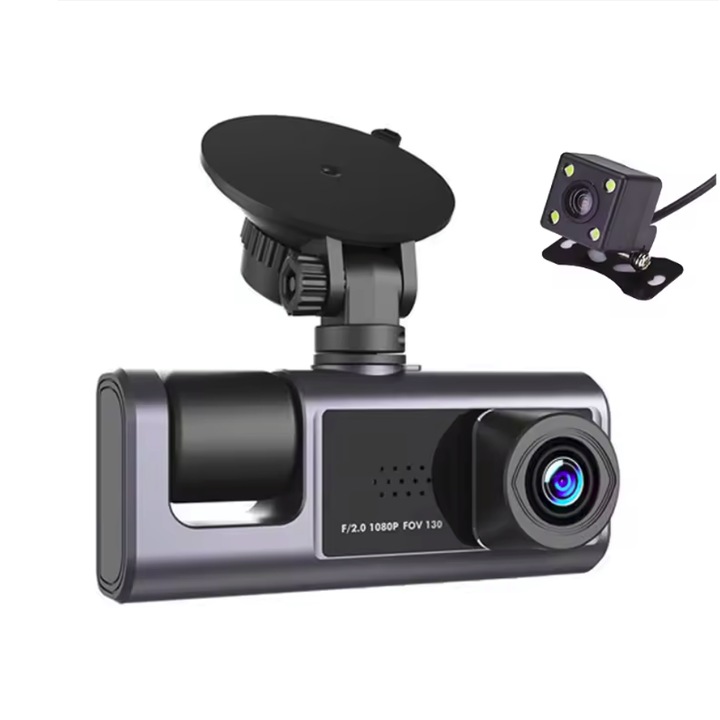 Camera video bord RiccAde cu 3 canale fuii HD 1080P, card DVR, 3 lentile, 2INCH, cu ecran bord fata si spate, cu vedere de noapte