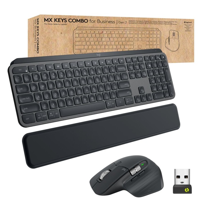 Set tastatura si mouse Logitech MX Keys Business Gen 2, wireless + Bluetooth, iluminare LED, negru
