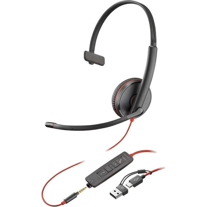Casti, Poly Blackwire 3215, monaurale, cu fir, USB-C + adaptor 3.5mm, negru