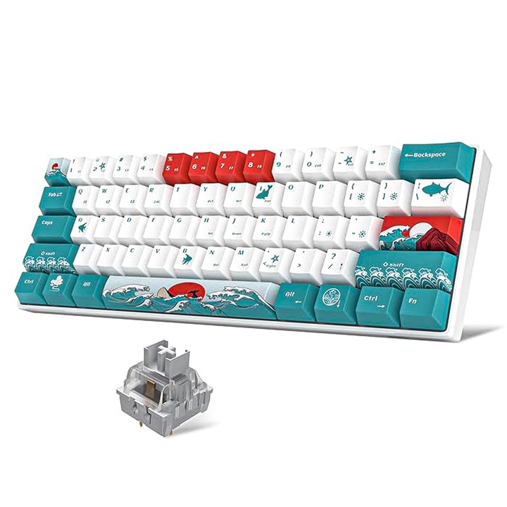 Механична клавиатура за игри Timebox, 75%, безжична, 2.4G, Bluetooth, RGB осветление, 84 PBT Dye-sub клавиша, с кабел Type-C, жълт превключвател, с възможност за гореща смяна, преносима, коралова