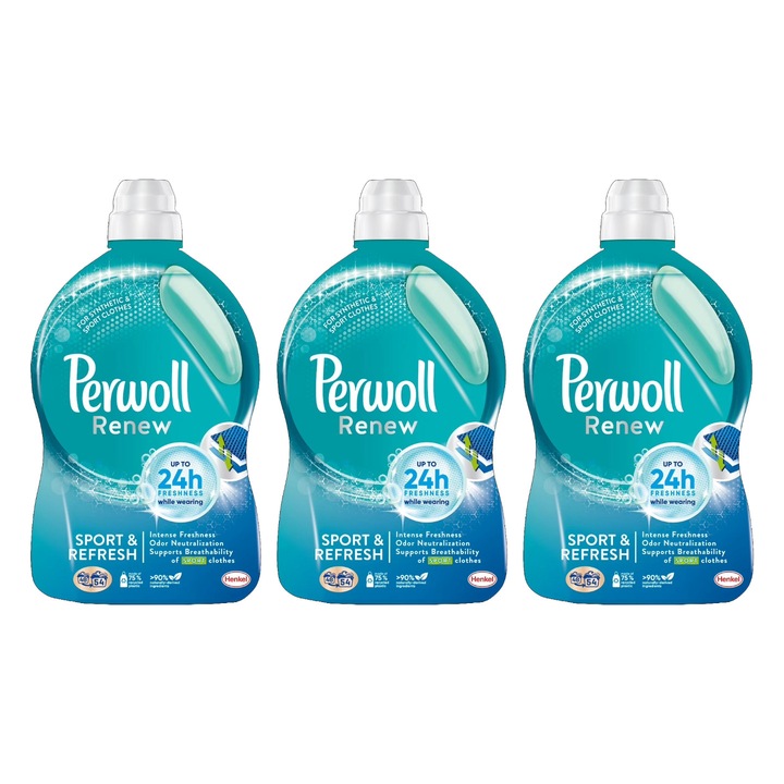 Perwoll Renew Sport&Refresh folyékony mosószer, 3 db-os, 2.970 l, 54 Mosás, kényes textil ápolás, kopás és vízkő elleni védelem, csökkentett allergének, szagtalanító technológia