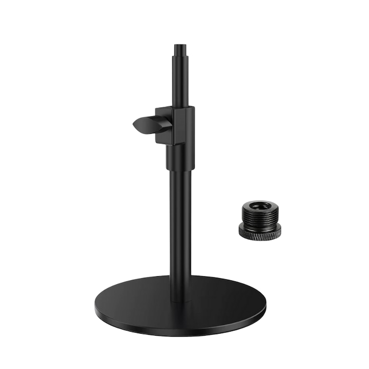 Stand Profesional pentru microfon de birou, CR-G® SP1, Telescopic, Baza Metalica stabila, Otel, Abs, Inaltime 21 cm, Prindere 3/8'' si 5/8'', Negru mat