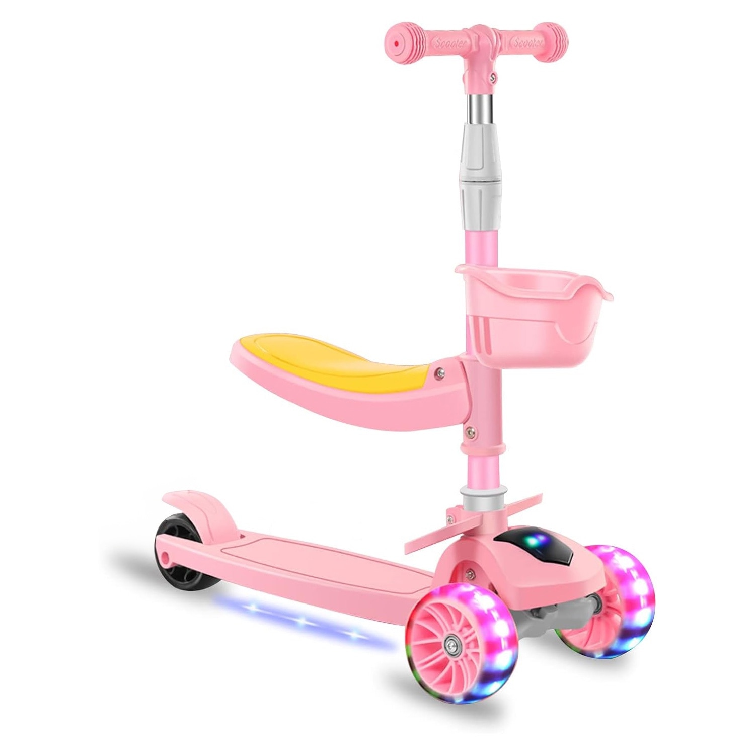 Trotineta pentru Copii cu Sezut Elindor® Pliabila, Tansformabila 2 in 1, cu Scaun, cu Roti cu Lumini LED si Muzica, pentru Fete si Baieti de 2 - 12 ani, Sistem Ghidon cu Inclinare, Ajustabil 62 - 67 - 72 - 77 cm, Suprafata Antiderapanta, Roz