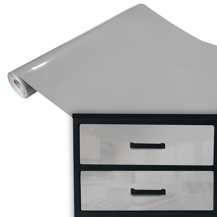 Folie autoadeziva mobila de bucatarie, vanzare la metru, 45 x 100 cm, DecoMeister®, Model Gri Lucios Mediu, F023-045-0100