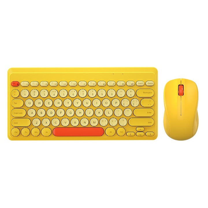 Set tastatura si mouse wireless, ergonomic, galben, pentru iPad/telefon/laptop