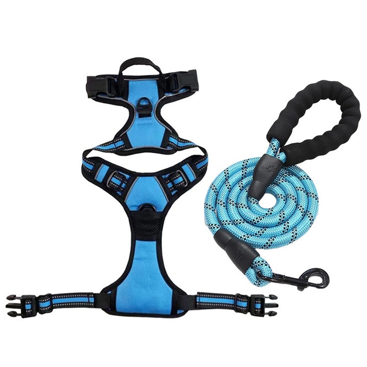 Kutyahám, Zggzerg, 150 cm-es pórázzal, Állítható, Fényvisszaverő kialakítás, Gyorsan kioldható csatok, Légáteresztő háló, Ellenállás, Edzésre, Biztonságos éjszakai utazás, Nylon, M, Kék