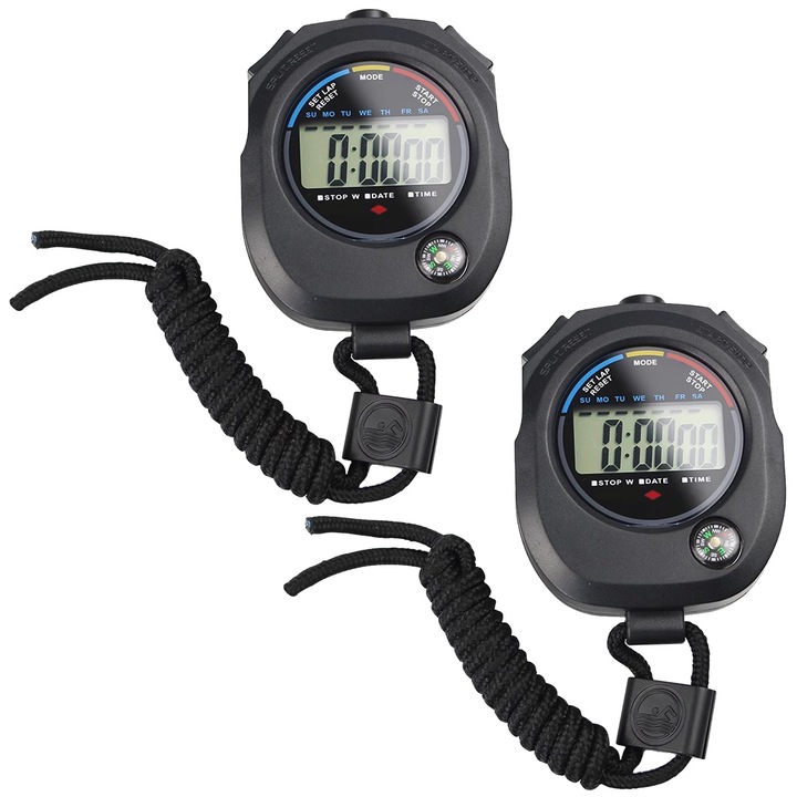 2 db digitális stopperóra iránytűvel, Axroad Mall, Időkijelző (12/24), Naptár, Ébresztő funkció, Heti, Könnyen hordozható, Futáshoz, úszáshoz, edzéshez, ABS, 62,1×82,1×22,3 mm, Fekete