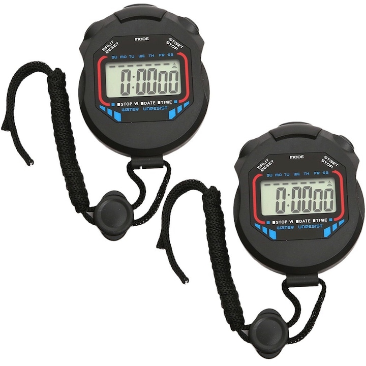 2 db digitális stopper készlet, Axroad Mall, Időkijelző (12/24), Naptár, Riasztás funkció, Heti, AG10 elemet tartalmaz, Könnyen hordozható, Futáshoz, úszáshoz, edzéshez, ABS, 79×62×19 mm, Fekete