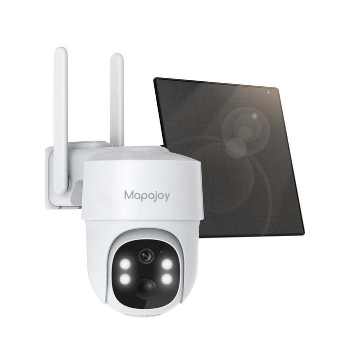 Камера за наблюдение Mapajoy, 4G връзка, FullHD 3MP, 8400mAh батерии, двупосочна комуникация, цветно нощно виждане, детекция на движение, автоматично завъртане, увеличение 4x, IP66, соларен панел, бяло
