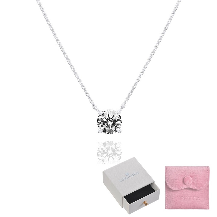 Colier cu pandantiv LUNAVIDIA, zirconiu 1.5ct, placat cu aur alb 14k, argint 925, auriu/argintiu